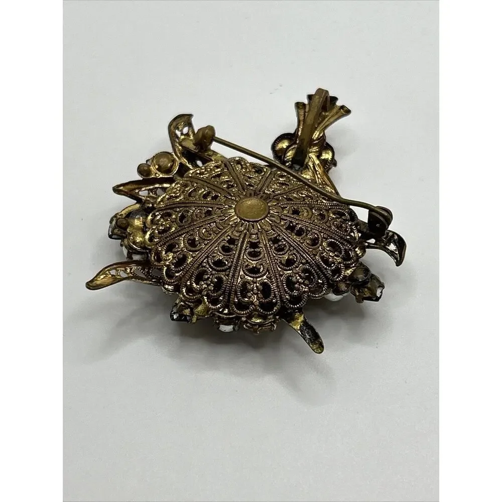 Vintage Floral Bouquet Brown Rhinestone‎ Faux Pearl Gold Tone Brooch Pin